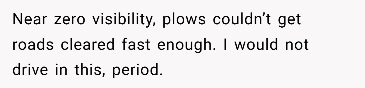 Near zero visibility, plows couldn’t get roads cleared fast enough. I would not drive in this, period.