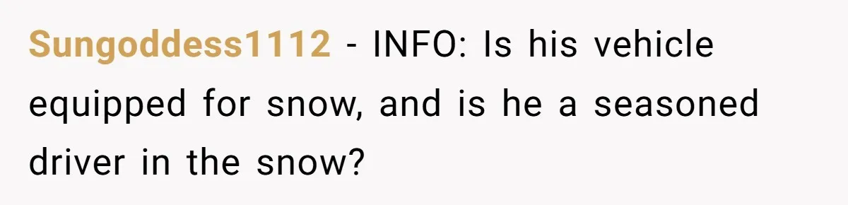 Sungoddess1112 − INFO: Is his vehicle equipped for snow, and is he a seasoned driver in the snow?