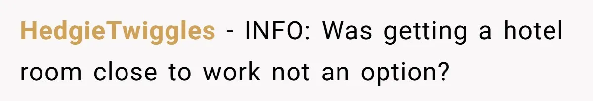 HedgieTwiggles − INFO: Was getting a hotel room close to work not an option?