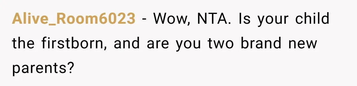 Alive_Room6023 − Wow, NTA. Is your child the firstborn, and are you two brand new parents?