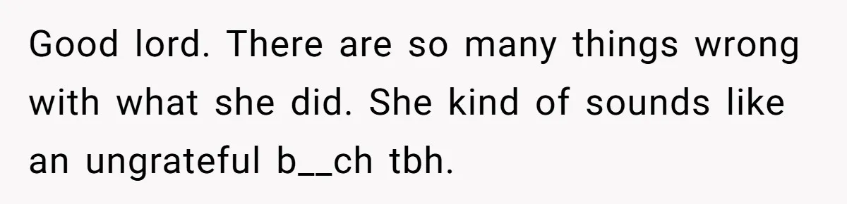 Good lord. There are so many things wrong with what she did. She kind of sounds like an ungrateful b__ch tbh.