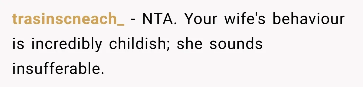 trasinscneach_ − NTA. Your wife's behaviour is incredibly childish; she sounds insufferable.