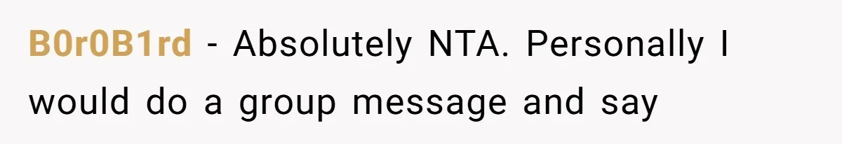 B0r0B1rd − Absolutely NTA. Personally I would do a group message and say