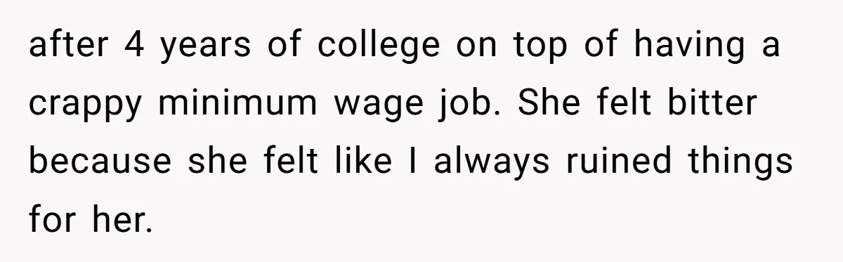 after 4 years of college on top of having a crappy minimum wage job. She felt bitter because she felt like I always ruined things for her.