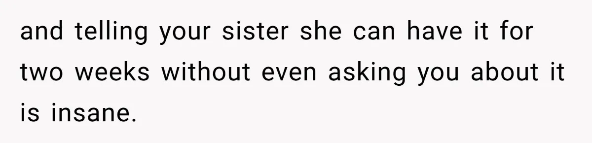 and telling your sister she can have it for two weeks without even asking you about it is insane.