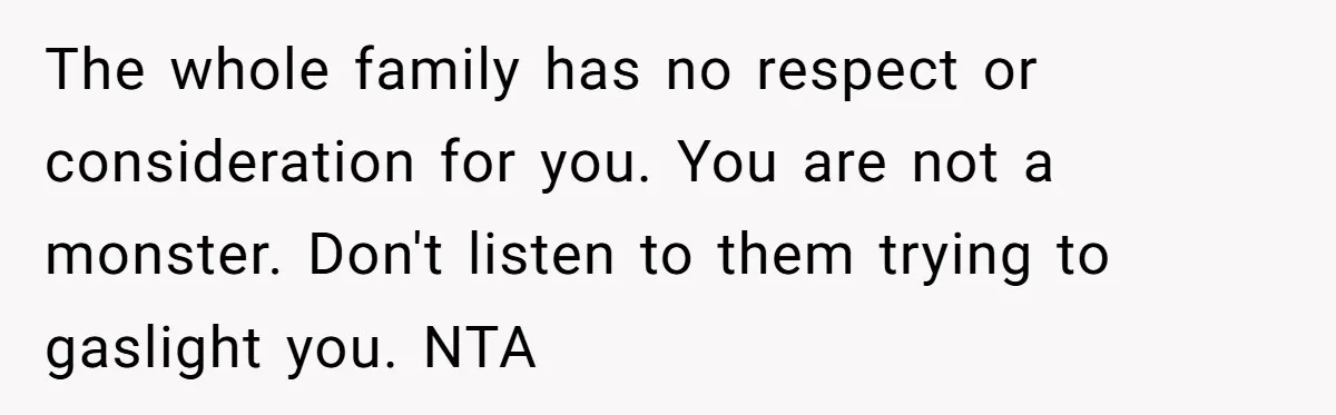 The whole family has no respect or consideration for you. You are not a monster. Don't listen to them trying to gaslight you. NTA