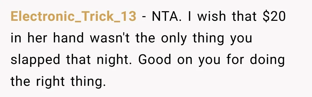 Electronic_Trick_13 − NTA. I wish that $20 in her hand wasn't the only thing you slapped that night. Good on you for doing the right thing.