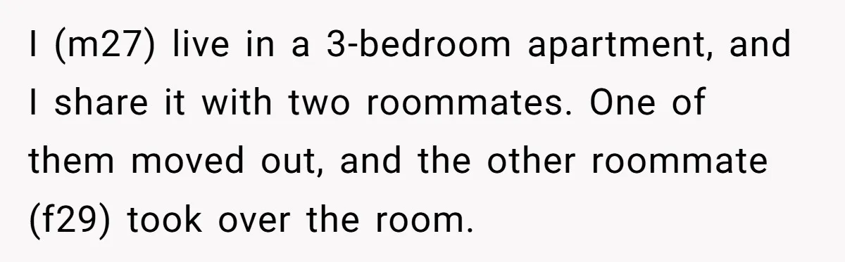 I (m27) live in a 3-bedroom apartment, and I share it with two roommates. One of them moved out, and the other roommate (f29) took over the room.