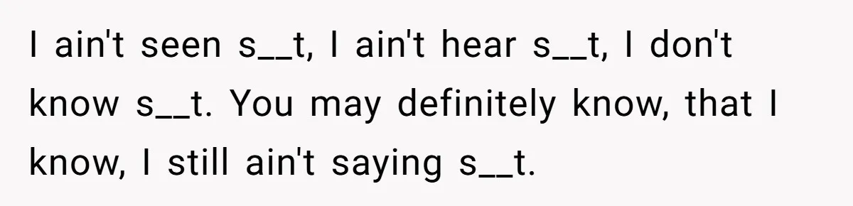 I ain't seen s__t, I ain't hear s__t, I don't know s__t. You may definitely know, that I know, I still ain't saying s__t.
