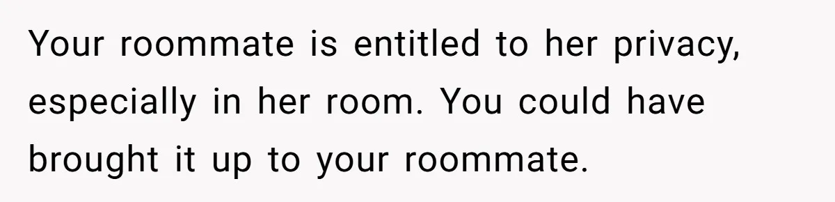 Your roommate is entitled to her privacy, especially in her room. You could have brought it up to your roommate.