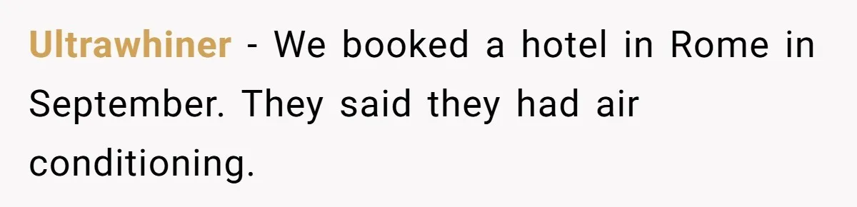 Ultrawhiner − We booked a hotel in Rome in September. They said they had air conditioning.
