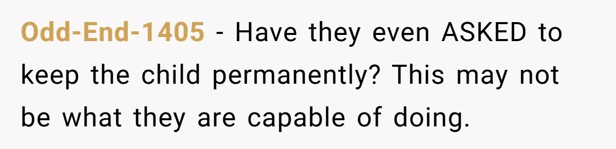 Odd-End-1405 − Have they even ASKED to keep the child permanently? This may not be what they are capable of doing.