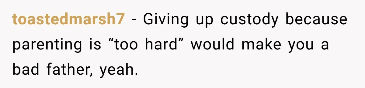 toastedmarsh7 − Giving up custody because parenting is “too hard” would make you a bad father, yeah.