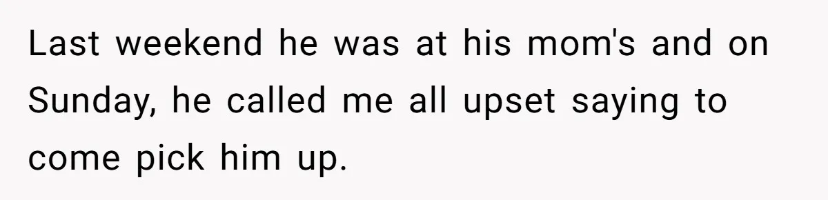 Last weekend he was at his mom's and on Sunday, he called me all upset saying to come pick him up.