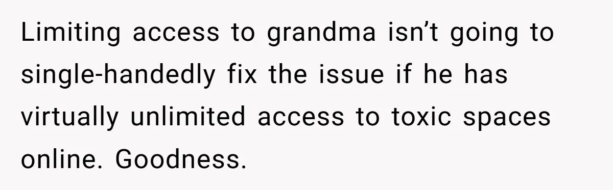Limiting access to grandma isn’t going to single-handedly fix the issue if he has virtually unlimited access to toxic spaces online. Goodness.