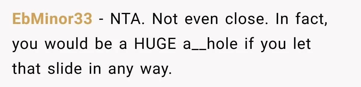 EbMinor33 − NTA. Not even close. In fact, you would be a HUGE a__hole if you let that slide in any way.