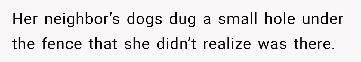 Her neighbor’s dogs dug a small hole under the fence that she didn’t realize was there.