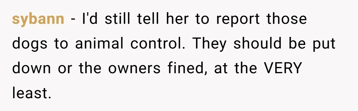 sybann − I'd still tell her to report those dogs to animal control. They should be put down or the owners fined, at the VERY least.