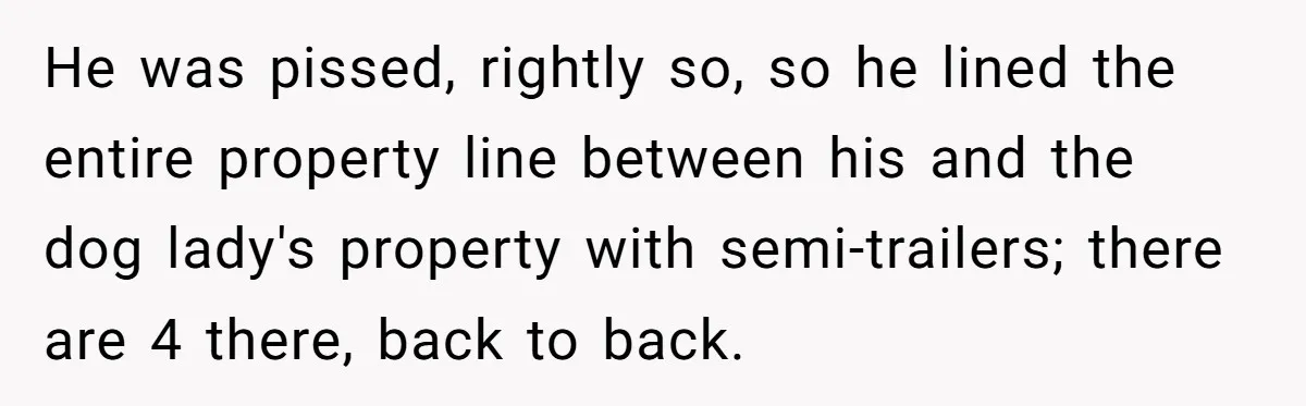 He was pissed, rightly so, so he lined the entire property line between his and the dog lady's property with semi-trailers; there are 4 there, back to back.