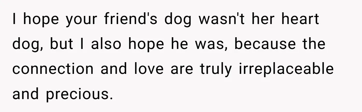 I hope your friend's dog wasn't her heart dog, but I also hope he was, because the connection and love are truly irreplaceable and precious.