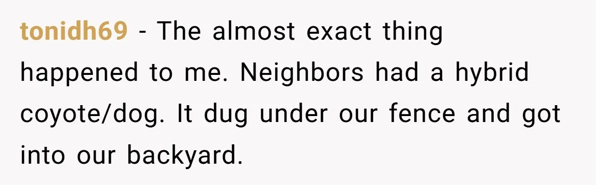 tonidh69 − The almost exact thing happened to me. Neighbors had a hybrid coyote/dog. It dug under our fence and got into our backyard.