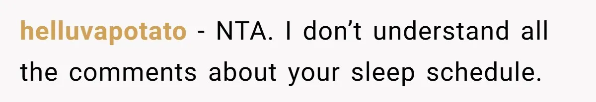 helluvapotato − NTA. I don’t understand all the comments about your sleep schedule.