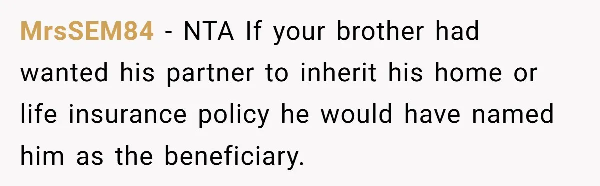 MrsSEM84 − NTA If your brother had wanted his partner to inherit his home or life insurance policy he would have named him as the beneficiary.