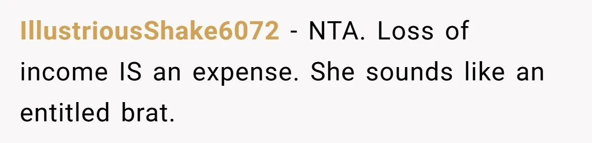 IllustriousShake6072 − NTA. Loss of income IS an expense. She sounds like an entitled brat.