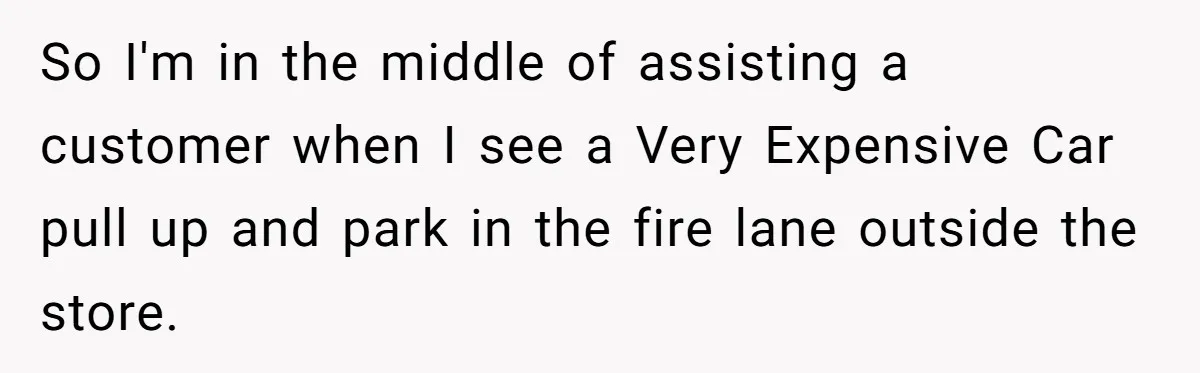 So I'm in the middle of assisting a customer when I see a Very Expensive Car pull up and park in the fire lane outside the store.