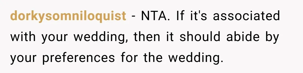 dorkysomniloquist − NTA. If it's associated with your wedding, then it should abide by your preferences for the wedding.