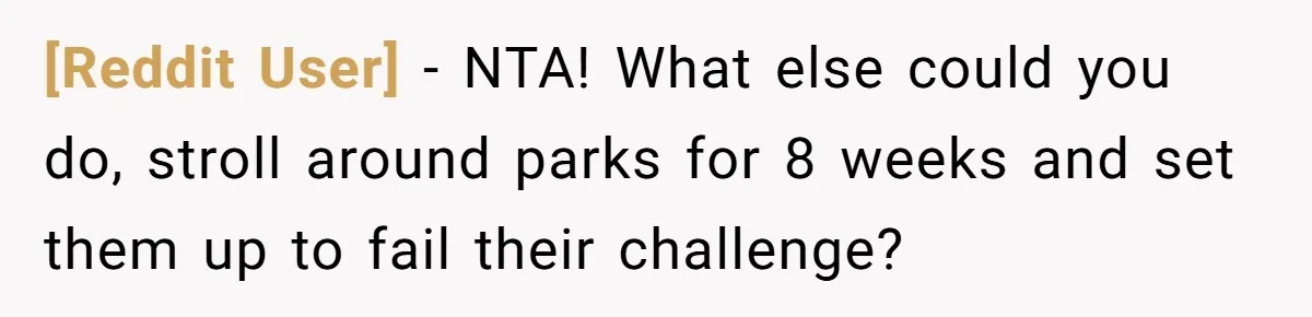 [Reddit User] − NTA! What else could you do, stroll around parks for 8 weeks and set them up to fail their challenge?