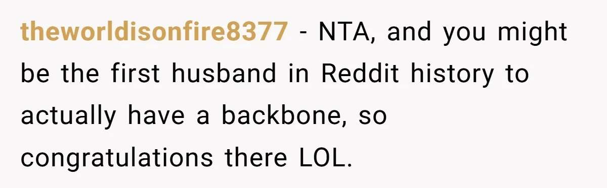 theworldisonfire8377 − NTA, and you might be the first husband in Reddit history to actually have a backbone, so congratulations there LOL.