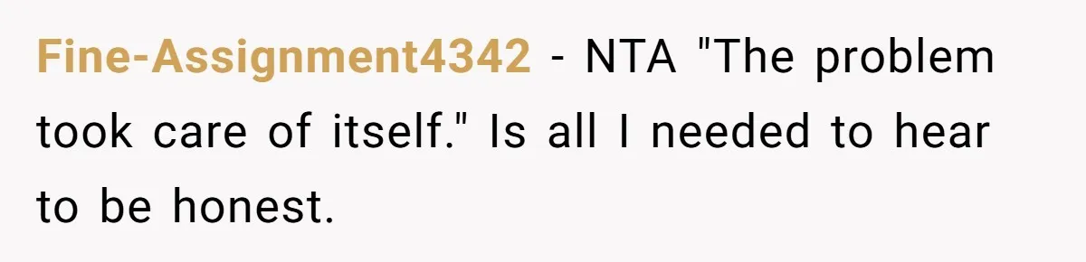 Fine-Assignment4342 − NTA "The problem took care of itself." Is all I needed to hear to be honest.