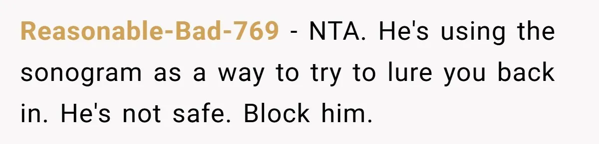 Reasonable-Bad-769 − NTA. He's using the sonogram as a way to try to lure you back in. He's not safe. Block him.