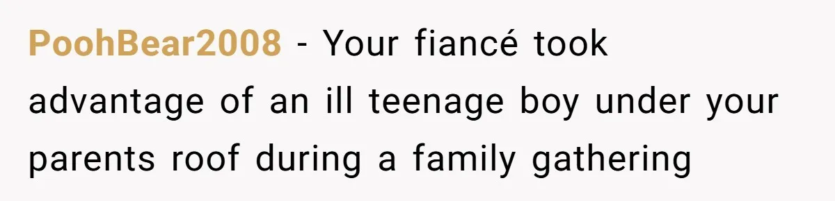 PoohBear2008 − Your fiancé took advantage of an ill teenage boy under your parents roof during a family gathering