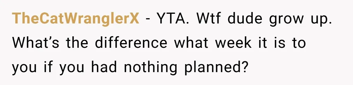 Mother Refuses To Swap Custody Week, Blocks Ex From Taking Kids To Disneyland And Turns Them Against Her TheCatWranglerX − YTA. Wtf dude grow up. What’s the difference what week it is to you if you had nothing planned?