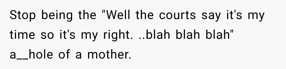 Mother Refuses To Swap Custody Week, Blocks Ex From Taking Kids To Disneyland And Turns Them Against Her Stop being the "Well the courts say it's my time so it's my right. ..blah blah blah" a__hole of a mother.