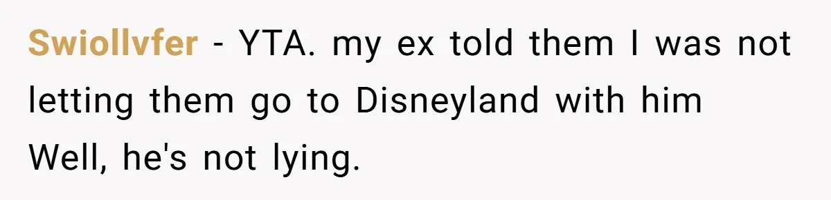 Mother Refuses To Swap Custody Week, Blocks Ex From Taking Kids To Disneyland And Turns Them Against Her Swiollvfer − YTA. my ex told them I was not letting them go to Disneyland with him Well, he's not lying.