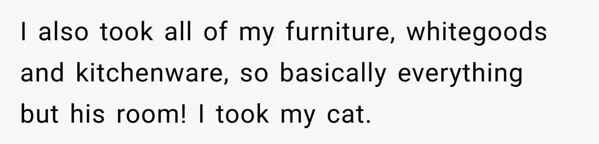 I also took all of my furniture, whitegoods and kitchenware, so basically everything but his room! I took my cat.