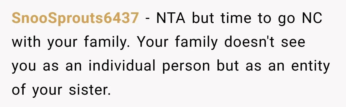 Young Woman, Overlooked For 18 Years, Decides To Change Her Life Forever, Despite Family Outrage SnooSprouts6437 − NTA but time to go NC with your family. Your family doesn't see you as an individual person but as an entity of your sister.