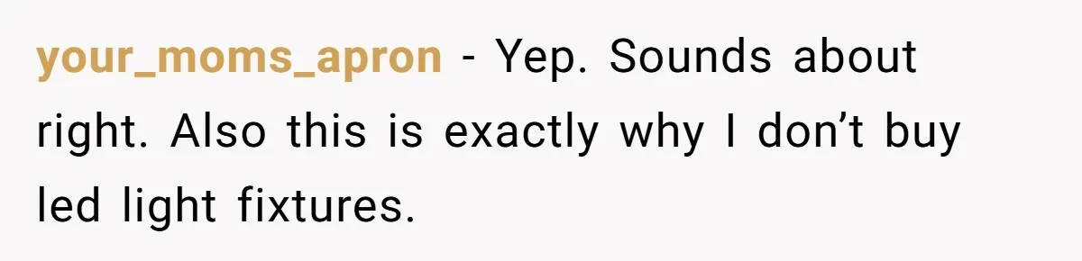 your_moms_apron − Yep. Sounds about right. Also this is exactly why I don’t buy led light fixtures.