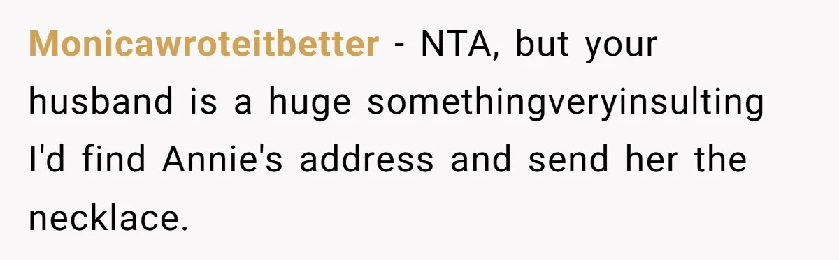 Monicawroteitbetter − NTA, but your husband is a huge somethingveryinsulting I'd find Annie's address and send her the necklace.