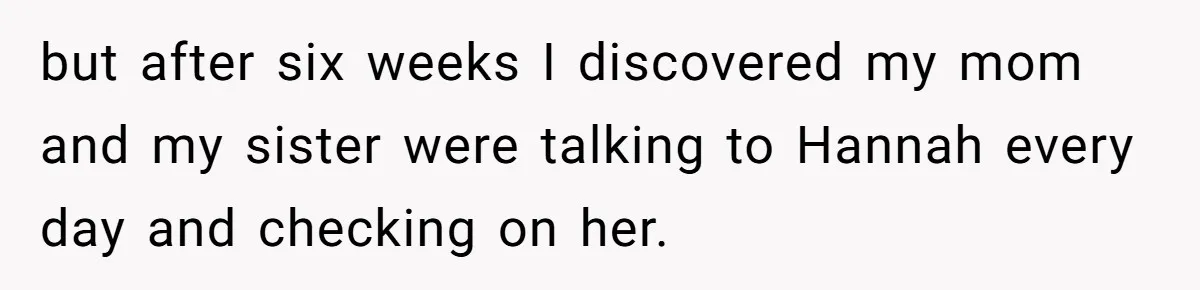Man Disowns His Entire Family After What They Have Done To His Cheating Ex-Girlfriend but after six weeks I discovered my mom and my sister were talking to Hannah every day and checking on her.
