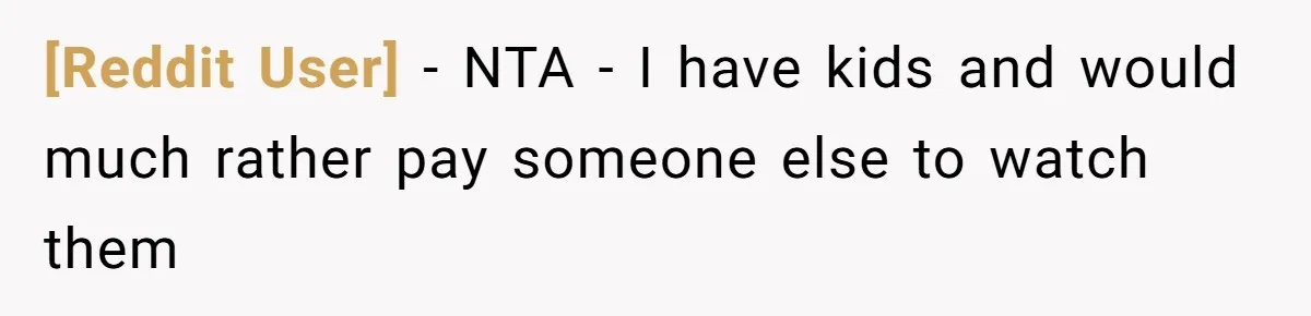 [Reddit User] − NTA - I have kids and would much rather pay someone else to watch them