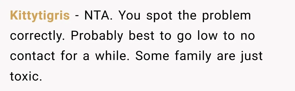 Kittytigris − NTA. You spot the problem correctly. Probably best to go low to no contact for a while. Some family are just toxic.