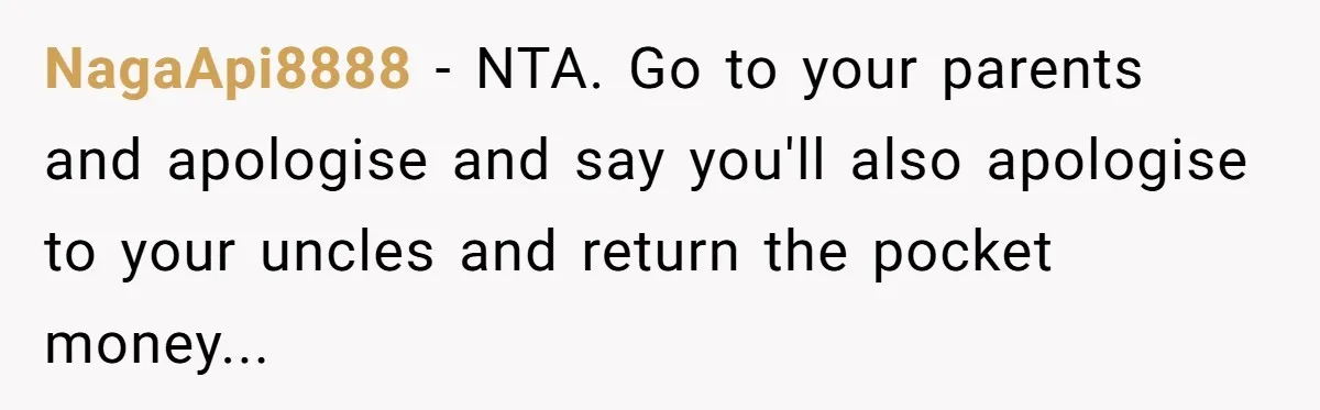 NagaApi8888 − NTA. Go to your parents and apologise and say you'll also apologise to your uncles and return the pocket money...