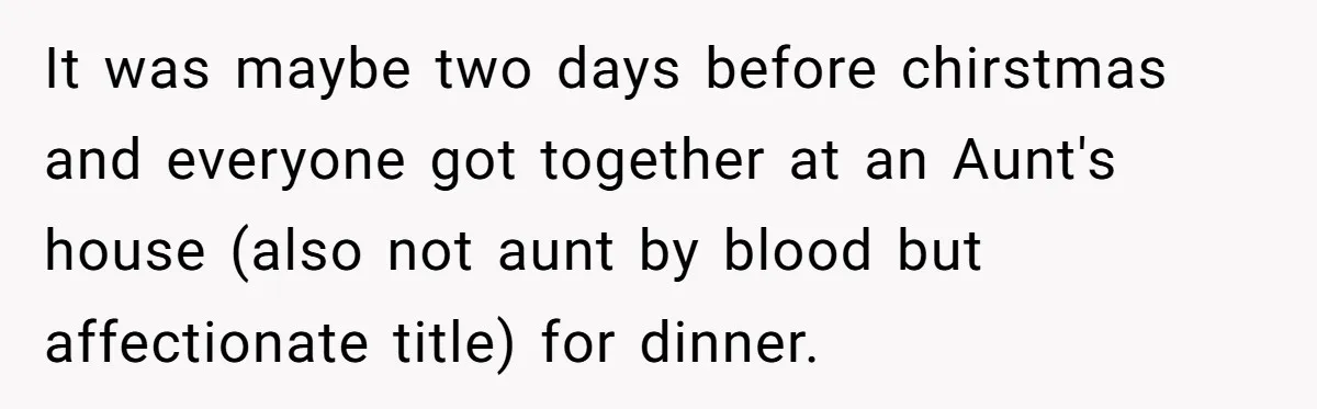 It was maybe two days before chirstmas and everyone got together at an Aunt's house (also not aunt by blood but affectionate title) for dinner.