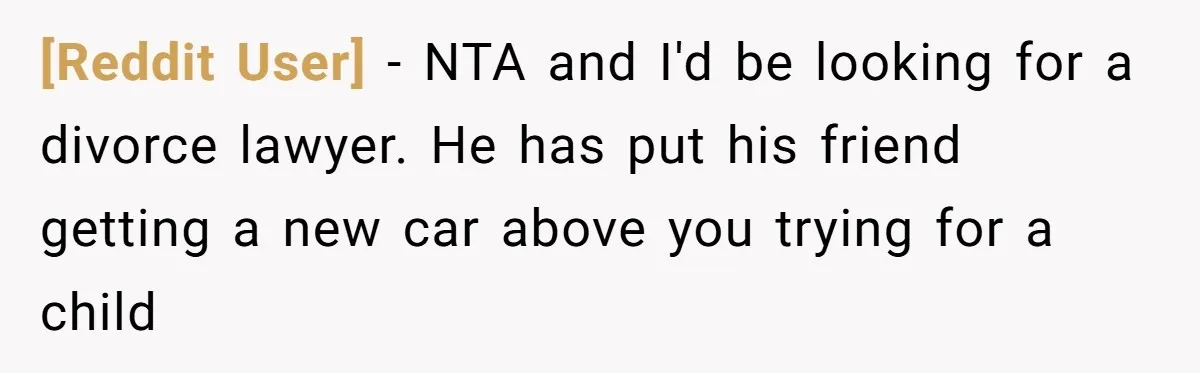 [Reddit User] − NTA and I'd be looking for a divorce lawyer. He has put his friend getting a new car above you trying for a child