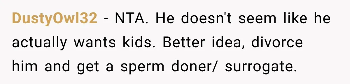 DustyOwl32 − NTA. He doesn't seem like he actually wants kids. Better idea, divorce him and get a sperm doner/ surrogate.