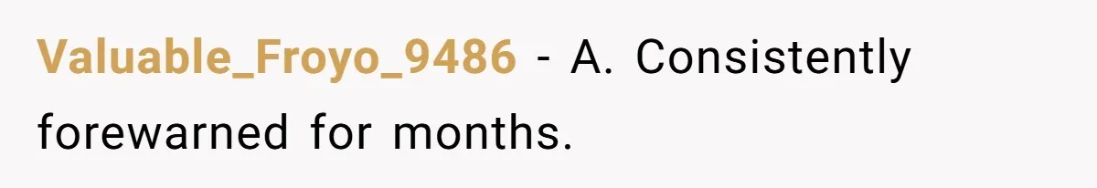 Valuable_Froyo_9486 − A. Consistently forewarned for months.